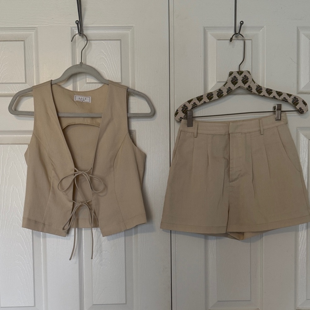 Sage Beige Lace-Up Vest and High-Waist Shorts Set